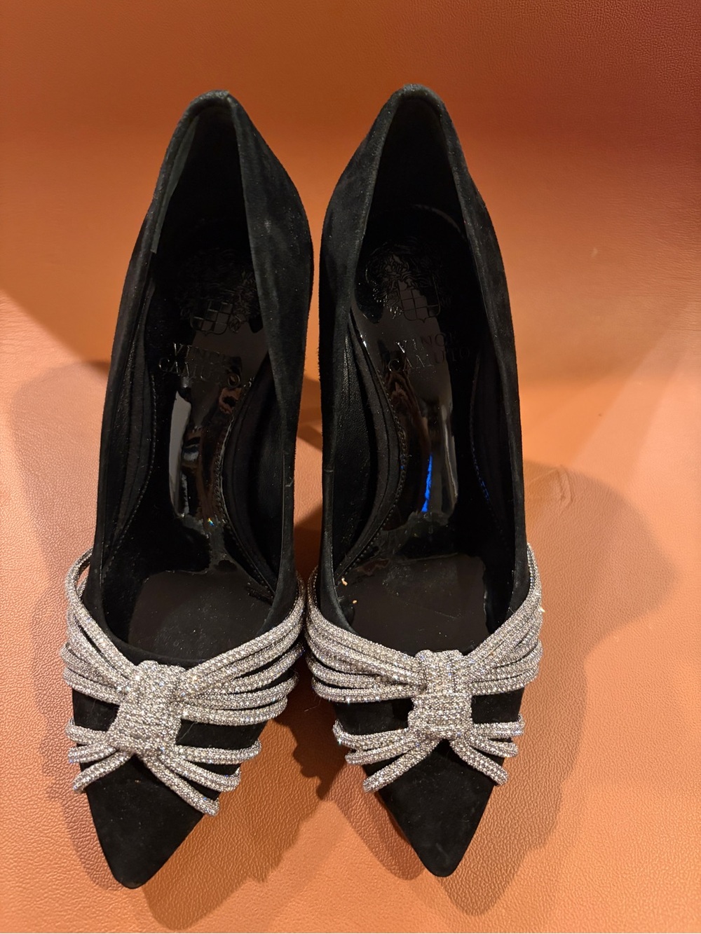 Vince Camuto Black Suede Pointed Pumps with Silver Crystal Knot Accent